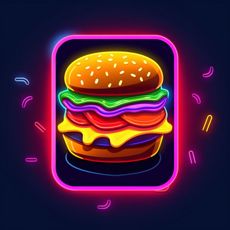 Hamburger icon in neon style on dark background. Vector illustration.の素材