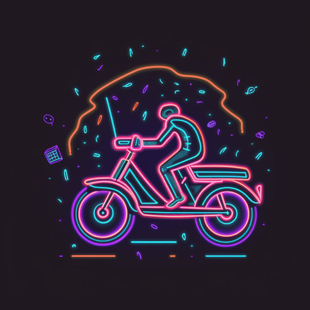 Cyclist in neon light on dark background. Vector illustration.の素材