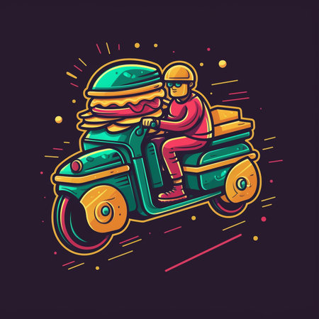 Vector illustration of a man driving a scooter with hamburger.の素材