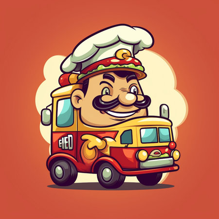 Cartoon chef with a fire truck on a red background. illustrationの素材