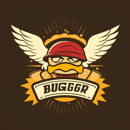 Vintage label, emblem, badge, element with eagle head, wings and text BUGGER. Vector illustration.の素材