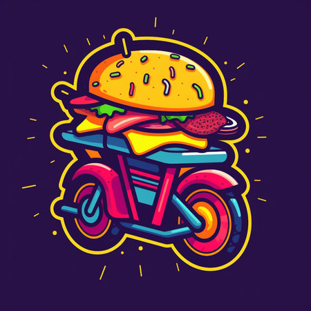 Hamburger on a motorcycle. Fast food. Vector illustration.の素材