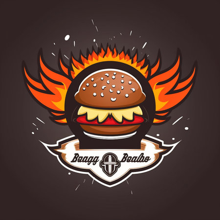 Burger with flame emblem on dark background. Vector Illustration.の素材