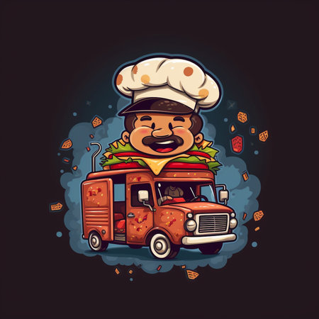 Vector illustration of a chef with food truck on a black background.の素材