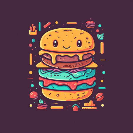 Hamburger in cartoon style. Vector illustration, isolated on dark background.の素材