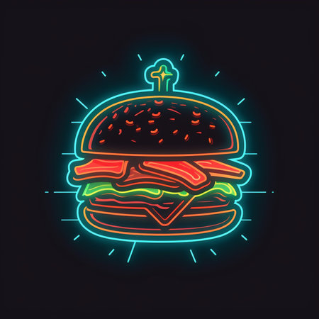 Hamburger neon sign on dark background. Vector illustration in neon style.の素材