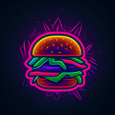 Hamburger. Fast food. Vector illustration in neon style.の素材