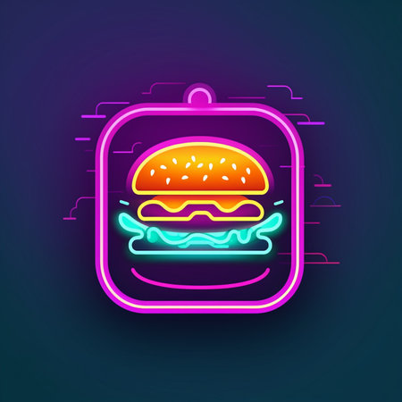 Hamburger neon icon. Fast food sign. Vector illustration in neon styleの素材