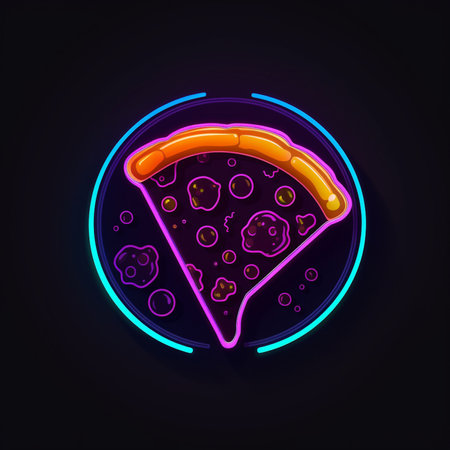 Pizza neon icon. Vector illustration in neon style on black backgroundの素材