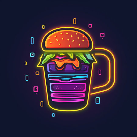Hamburger neon icon. Fast food sign. Vector illustration.の素材