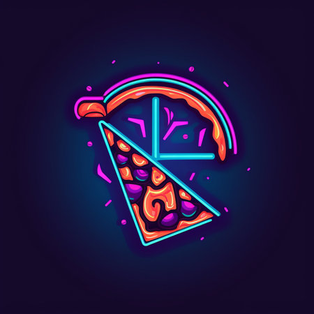 Pizza slice icon in neon style. Fast food vector illustration.の素材