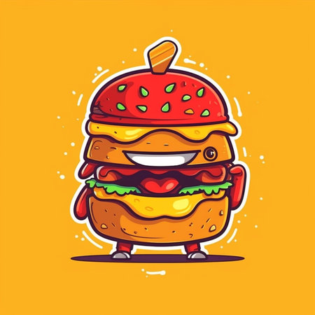 Cute cartoon burger character vector illustration. Funny fast food icon.の素材