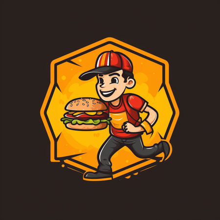 Vector illustration of a fast food delivery man running with hamburger.の素材