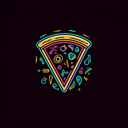 Colorful neon pizza icon. Vector illustration. Isolated on black background.の素材