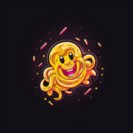 Funny smiling octopus. Vector illustration of cartoon character on dark background.の素材