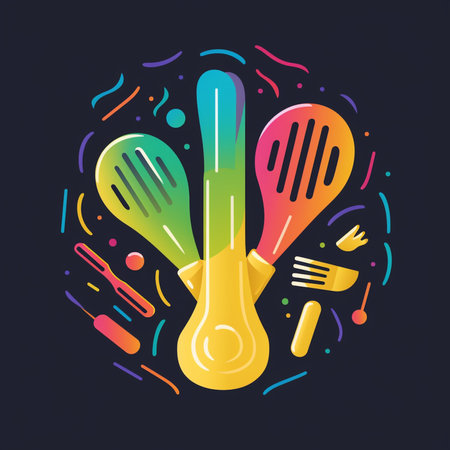 Colorful vector illustration of kitchen utensils on dark background.の素材