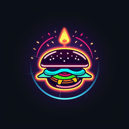 Hamburger neon sign. Vector illustration in neon style on dark backgroundの素材