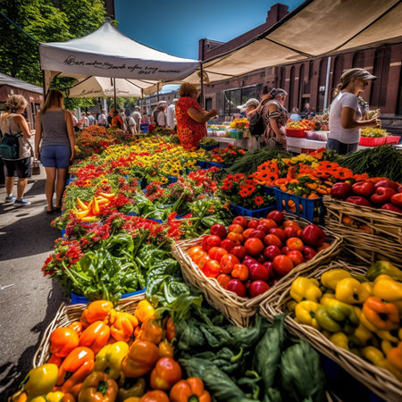People shopping at a farmers market in Brooklynの素材