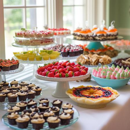 Dessert table with a variety of delicious desserts and cupcakes.の素材