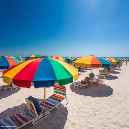 Beach with sunbeds and umbrellas on a sunny dayの素材