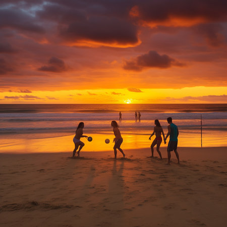 Group of people playing volleyball on the beach at sunset with colorful skyの素材
