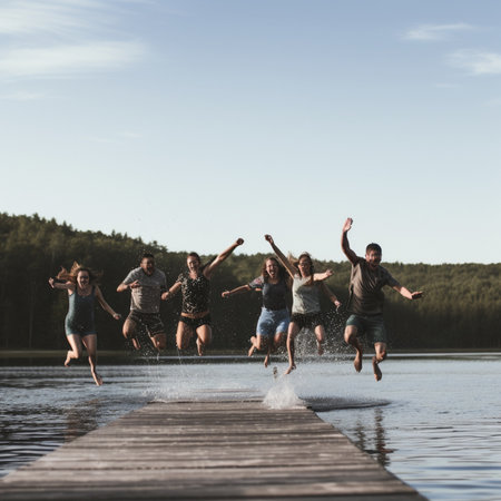Group of friends having fun jumping into the water on a wooden pierの素材