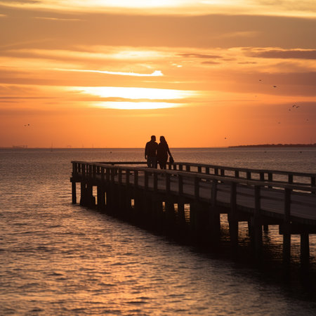 Couple on the pier at sunset. Silhouette of a man and a woman.の素材