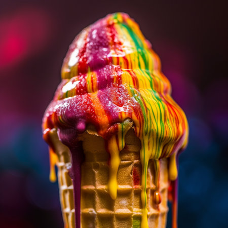 Ice cream in waffle cone on colorful bokeh background.の素材