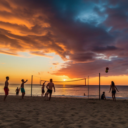 silhouette of a group of people playing volleyball on the beach at sunsetの素材