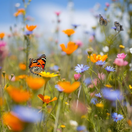 Beautiful butterfly on a flower meadow with colorful flowers in summerの素材