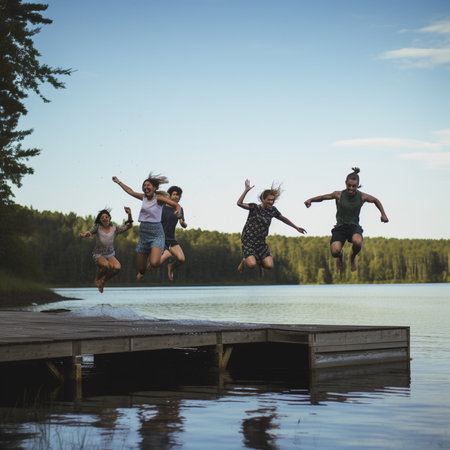 Group of friends jumping on a wooden pier on the lake in summerの素材