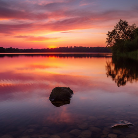 Beautiful sunset on the lake with reflection in water. Beautiful nature landscape.の素材