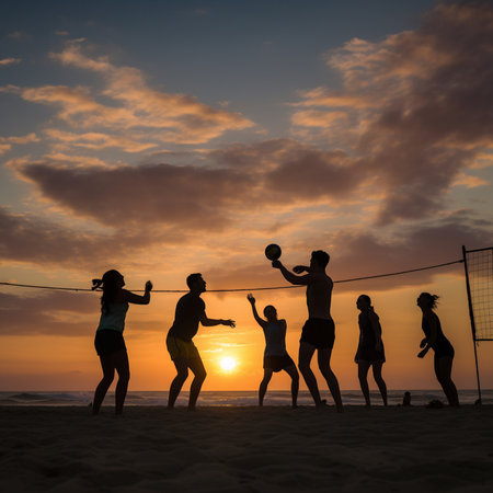 silhouette of group of friends playing volleyball on the beach at sunsetの素材