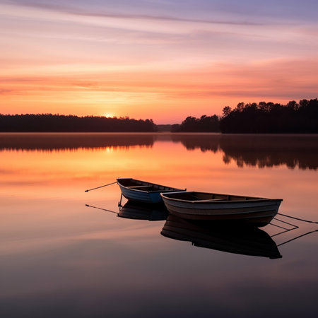 Fishing boats on the lake at sunset. Beautiful nature landscape.の素材