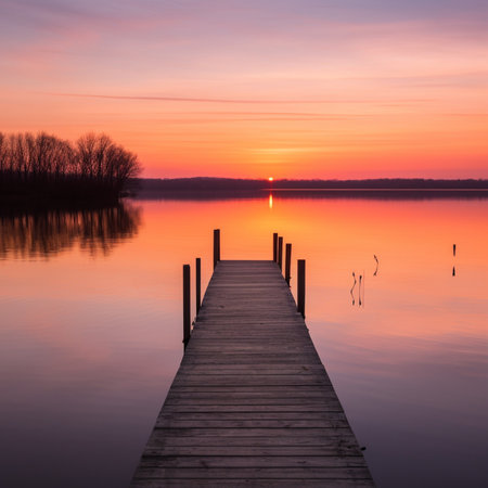 Wooden pier on the lake at sunset. Beautiful natural landscape.の素材
