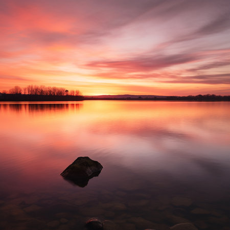 Beautiful sunset on the lake. Colorful sky at sunset.の素材