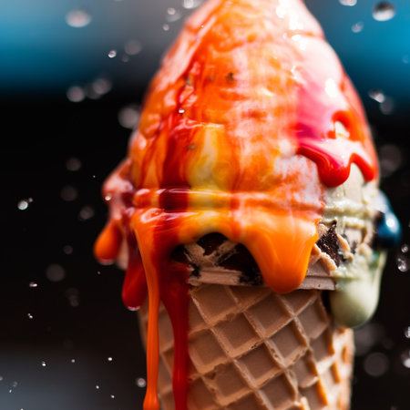 ice cream cone with splashes of ice cream on a dark backgroundの素材