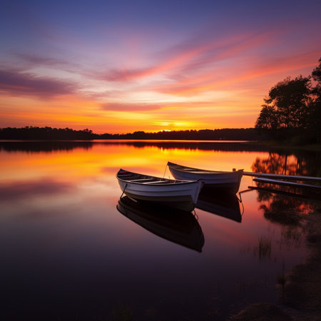 Boat on the lake at sunset. Beautiful summer landscape. Nature composing.の素材