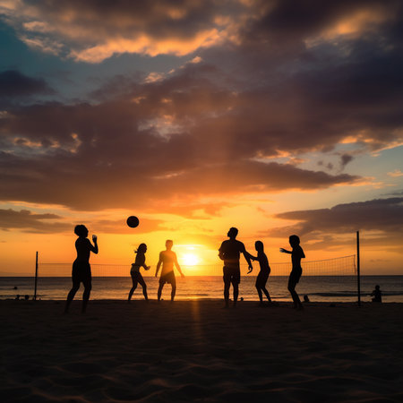 silhouette of group of people playing volleyball on the beach at sunsetの素材