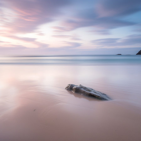 Long exposure of a rock on the beach at sunset, long exposureの素材