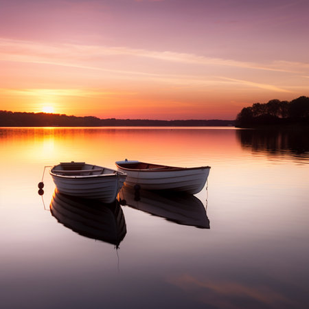 Fishing boats on the lake at sunrise. Beautiful summer landscape.の素材