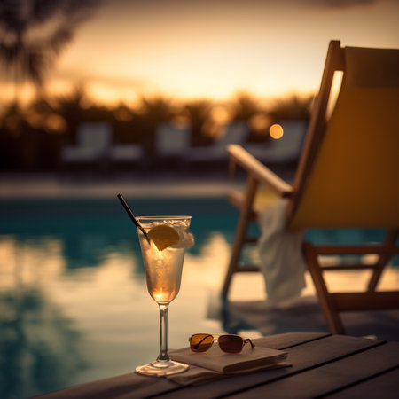 Cocktail in a glass on the edge of a swimming poolの素材