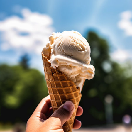 ice cream in a waffle cone in the hands of a girl on a background of natureの素材