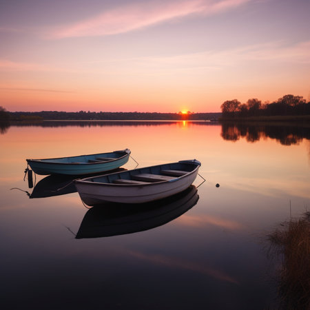 Boat on the river at sunset. Beautiful landscape with a boatの素材