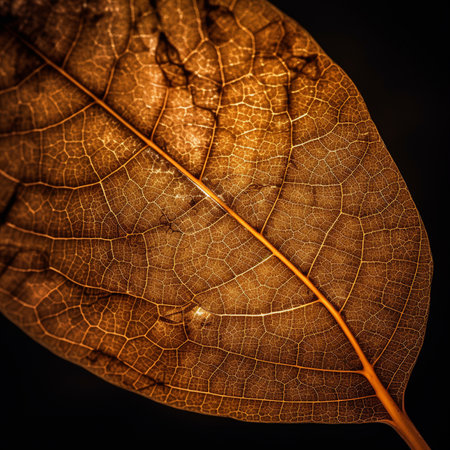 Close up of a dry leaf on a dark background. Toned.の素材