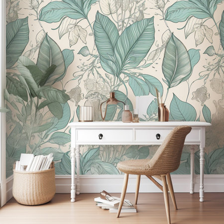 Vintage room interior with coffee table, chair, books and plant pattern wall. 3d renderingの素材