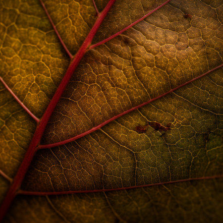 Close up of a red leaf texture. Macro shot. Abstract background.の素材