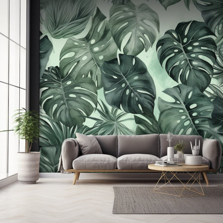 Interior of modern living room with tropical plants. 3d renderingの素材