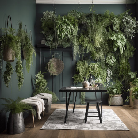 Green living room interior with plants, 3d render, mock upの素材