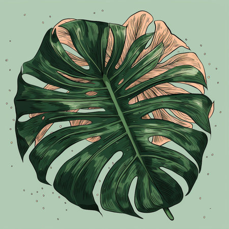 Monstera leaf on green background. Vector illustration in vintage style.の素材